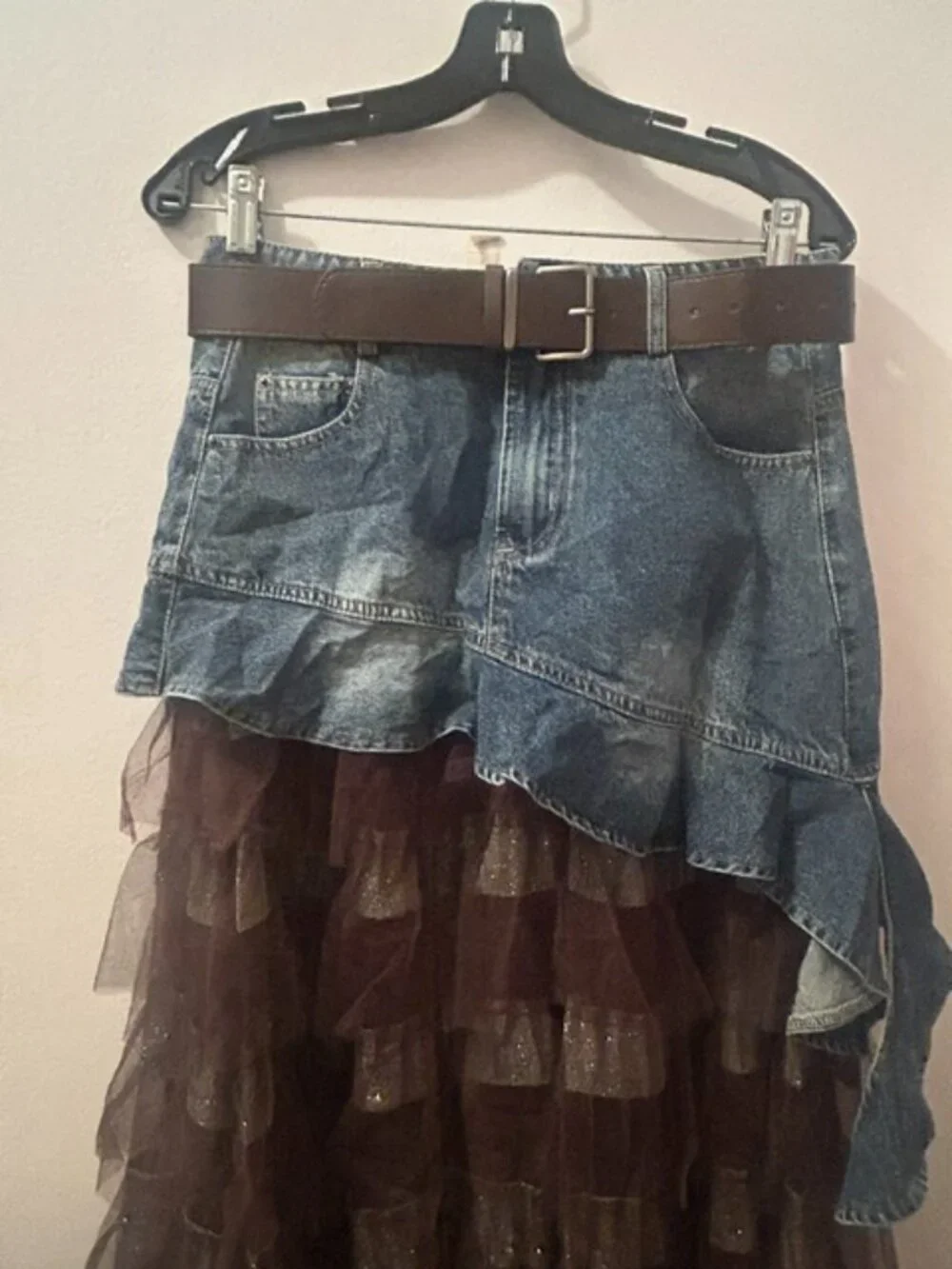 Luxe & Leather by Madonna & Co Lush Brown Tulle-Denim Belted Glitter Skirt NEW